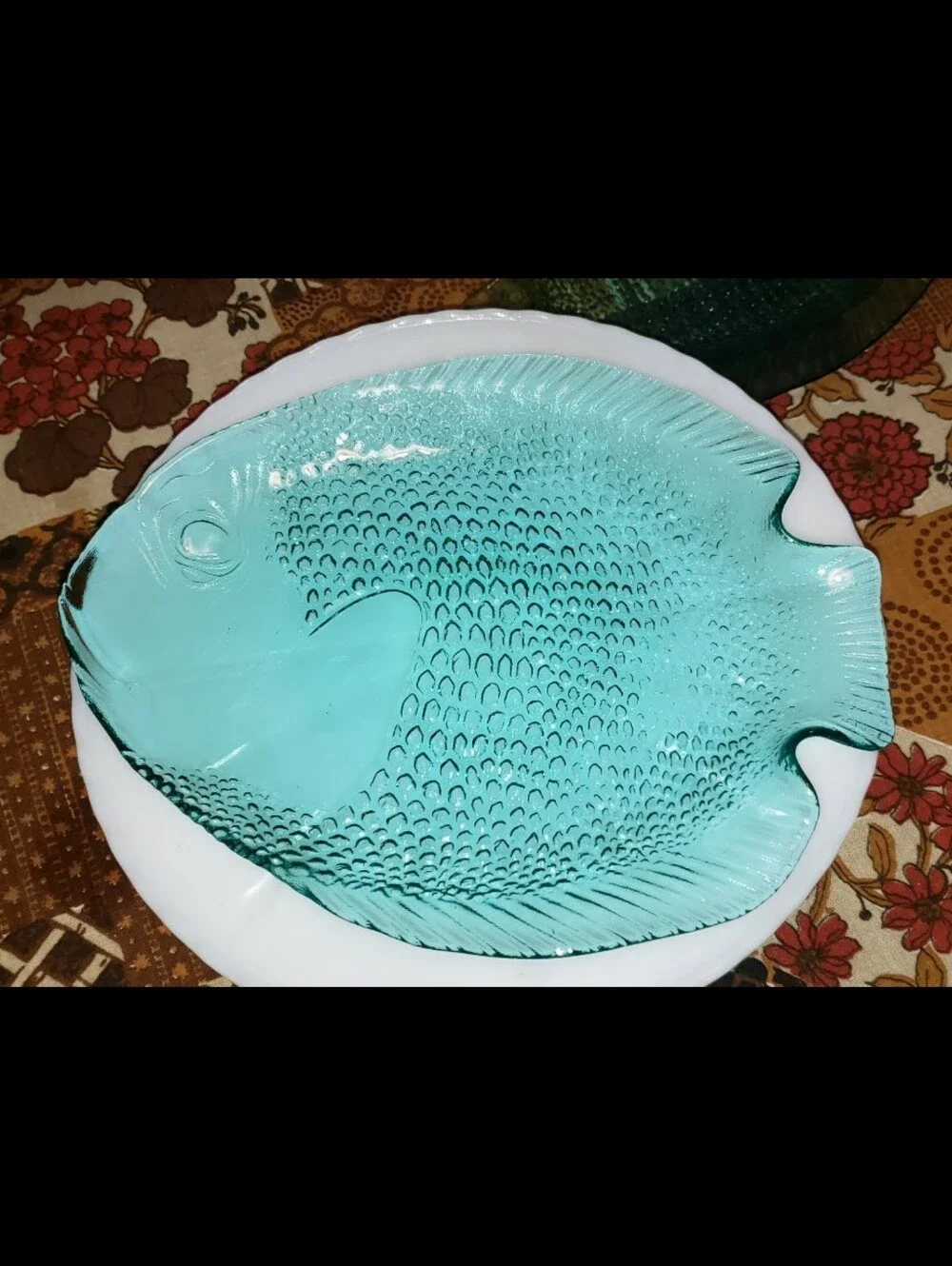 Mid-Century French Arcoroc Translucent Blue/Turquoise Glass Koi Fish Serving Set